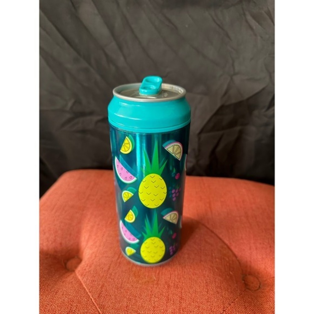 Tropical Fruit Print Soda Can Cooler Sleeve Teal Metallic Pineapple Watermelon